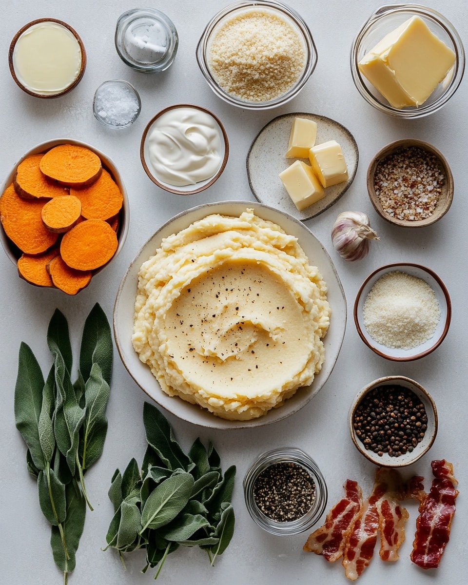 The dish is in a white oval baking dish, placed on a white marbled surface with a soft gray cloth beside it. It has two main layers. The bottom layer is smooth and bright orange, resembling mashed sweet potatoes. The top layer is a crumbly, golden brown crust with small bits of darker brown pieces scattered throughout, likely crispy bacon or seasoning. Around this crumb layer, there are small green leaves evenly placed on top, adding contrast and freshness to the warm colors. In the background, a small white bowl contains more crispy brown pieces. Photo taken with an iphone --ar 4:5 --v 7