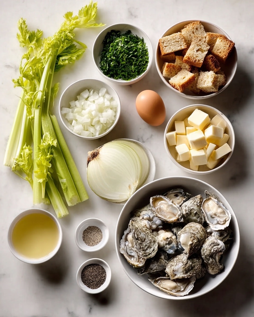 The image shows a white marbled surface with nine white bowls and a bunch of celery arranged neatly. Starting from the top left, there are three green celery stalks with leafy tops. Next to the celery are two small white bowls, one filled with coarse black pepper and the other with chopped white onions. Below, a halved white onion sits beside a brown egg. Moving down, three small cubes of butter are placed in a white bowl, and fresh chopped green herbs are in another bowl to the right. At the bottom left, toasted bread cubes fill a white bowl, and next to it is a bowl with a pale yellow liquid, likely broth. Finally, a large white bowl on the bottom right holds raw oyster meat in grey and white shades. The setting is minimal and clean with soft natural light, captured from above. photo taken with an iphone --ar 4:5 --v 7