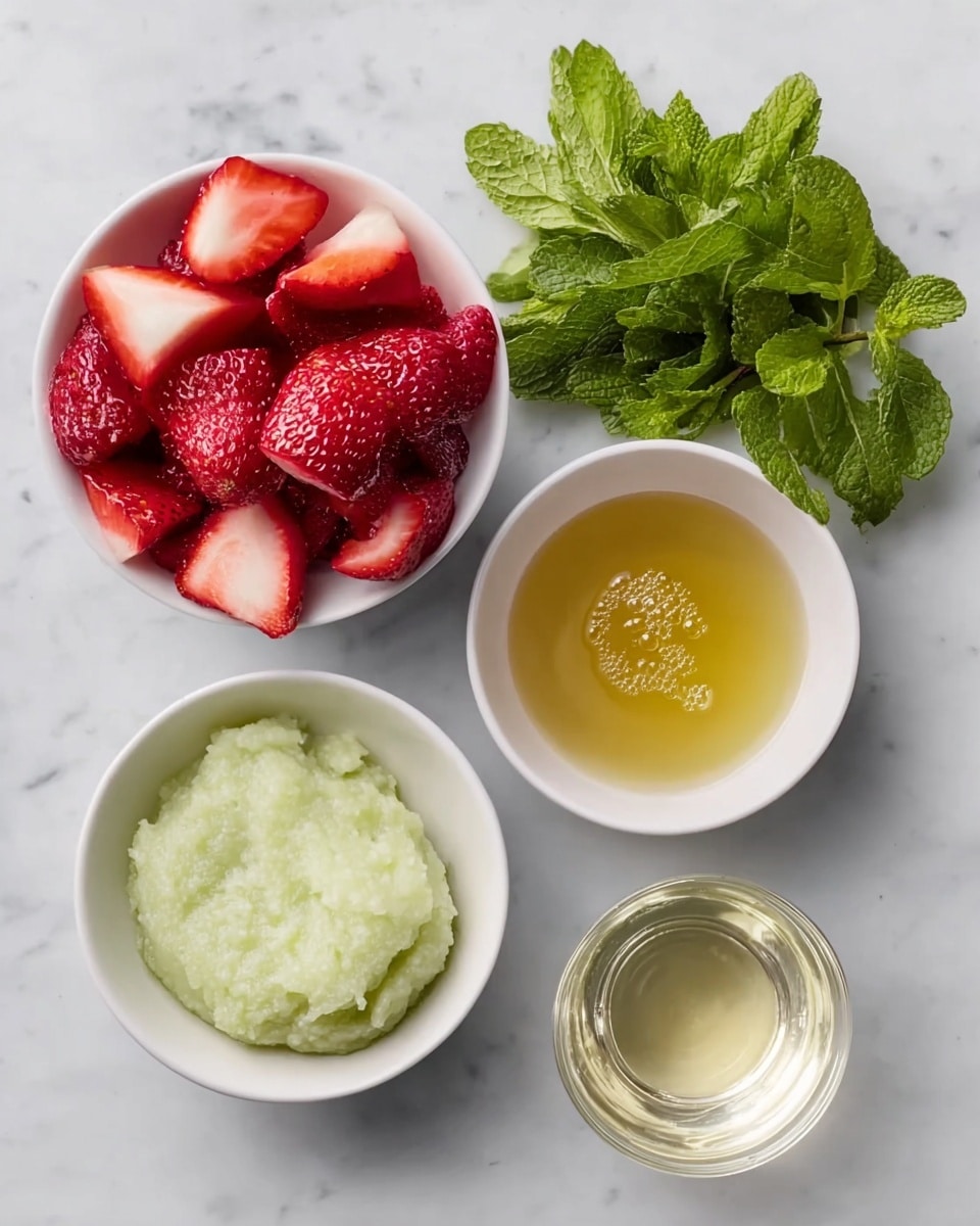 The image features four white bowls and a small clear glass cup arranged on a white marbled surface. The top left bowl holds several sliced strawberries showing bright red outer skin and lighter red inside flesh. To the right of this bowl is a small bunch of fresh green mint leaves with detailed veins and texture. Below the strawberries, a white bowl contains a light greenish-white scoop of smooth mashed fruit or vegetable. To the right of this is another white bowl filled with a shiny golden yellow liquid. At the bottom right, a clear glass cup contains a transparent pale yellow liquid. All elements have soft natural lighting and shadows. photo taken with an iphone --ar 4:5 --v 7