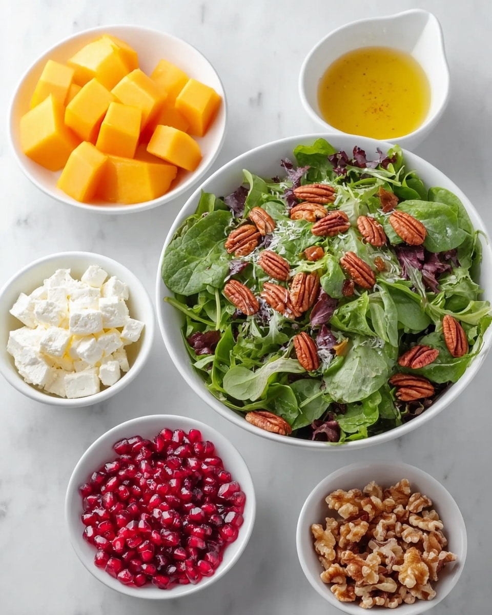 A white bowl filled with fresh mixed green leaves and small pecan halves scattered on top, surrounded by smaller white bowls containing bright orange cantaloupe cubes, deep red pomegranate seeds, crumbly white cheese, and whole walnuts. At the top left, a small white bowl holds a light golden salad dressing. All dishes are placed on a white marbled surface. photo taken with an iphone --ar 4:5 --v 7