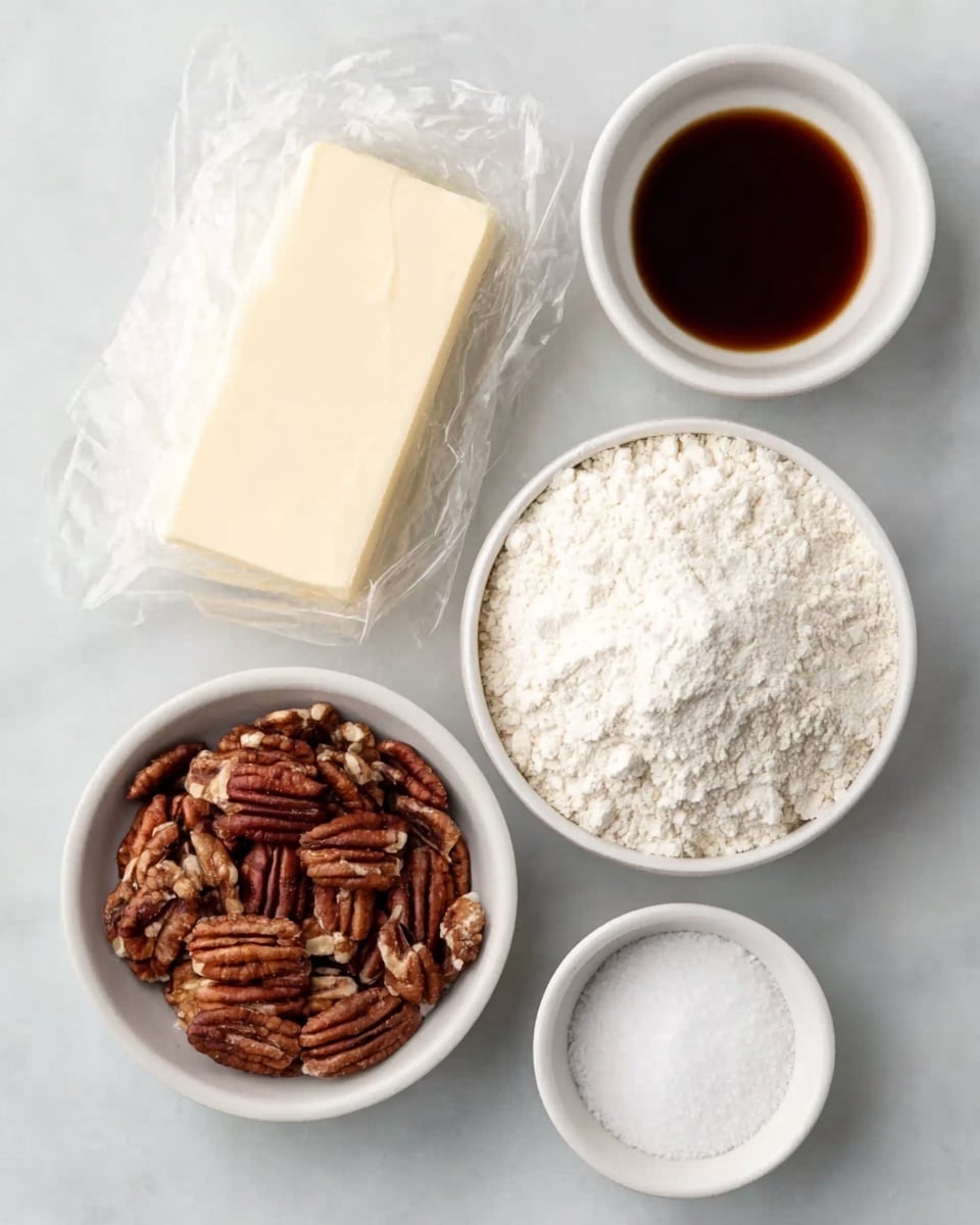 The image shows five white bowls and a block of cream cheese on a white marbled surface. The block of cream cheese is pale cream colored with a smooth texture, placed at the top left. Next to it on the right is a small white bowl with dark brown vanilla extract. Below these, in the center, is a larger white bowl filled with white powdered sugar, fluffy and fine in texture. At the bottom left is a medium white bowl filled with a pile of whole pecans, brown with rough, ridged textures. To the right of the pecans is a small white bowl filled with fine white salt. Photo taken with an iphone --ar 4:5 --v 7