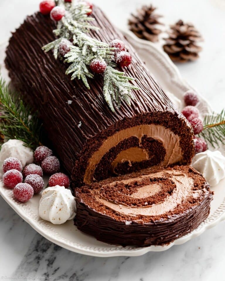 Chocolate Yule Log Cake with Sugared Cranberries, Rosemary, and Hazelnut Whipped Cream Recipe