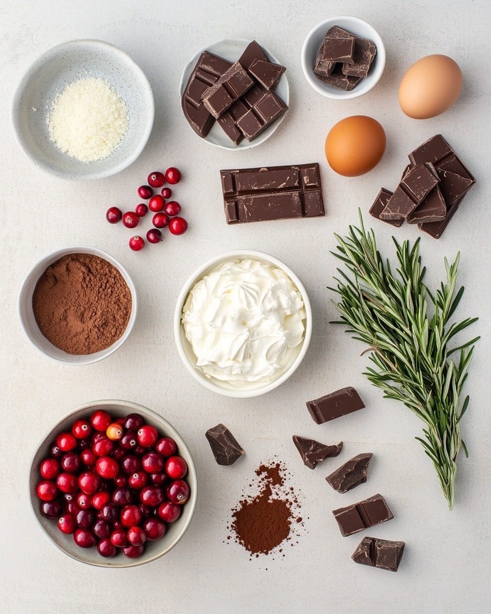 The image shows a chocolate roll cake on a white plate with a swirl pattern inside made of light brown cream and darker chocolate cake layers. The cake is covered with a thick, smooth, dark chocolate frosting with textured lines on top to look like tree bark. Around the cake are small, round, white meringue cookies with brown speckles, red sugared cranberries, green rosemary sprigs, and a brown pinecone, all dusted lightly with powdered sugar. The plate sits on a white marbled surface. photo taken with an iphone --ar 4:5 --v 7