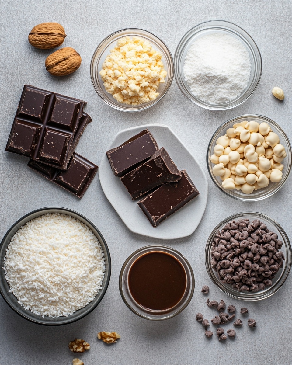 A rectangular white plate filled with about twenty small round sweets, each covered with different toppings. Some sweets are rolled in finely chopped nuts, creating a textured golden-brown layer; others are coated with white coconut flakes, showing a soft, fibrous white texture. A few sweets are covered in tiny, round sprinkles in shades of pink, red, and white, giving a colorful, bumpy surface. There are sweets decorated with dark brown chocolate sprinkles, which look thin and uneven. Two sweets are dipped in white chocolate with thin dark chocolate drizzle patterns that add a striped contrast. One sweet is open, showing a smooth light brown inside. The plate rests on a white marbled surface. photo taken with an iphone --ar 4:5 --v 7