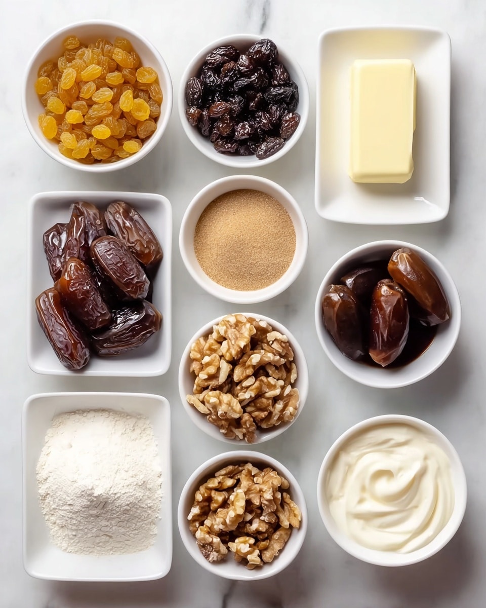 This image shows ten white bowls and one white rectangular dish arranged neatly on a white marbled surface. Starting from the top left, there is a bowl filled with golden raisins, next to it on the right is a rectangular dish with a solid light cream-colored block of butter. Below the golden raisins is a bowl filled with dark raisins, and next to it on the right is a bowl with white cream or milk. To the right of the cream is a bowl with several dates that are dark brown and slightly shiny. Below the dark raisins is a bowl with dark brown liquid, likely vanilla extract, and to its right is a bowl filled with light brown granulated sugar or brown sugar. Next is a bowl of whole walnuts, light brown and textured. At the bottom row, from left to right, there is a bowl filled with white flour, and a bowl with thick, swirled white cream or frosting. The background is a white marbled texture, making the colors of the ingredients stand out clearly. Photo taken with an iphone --ar 4:5 --v 7