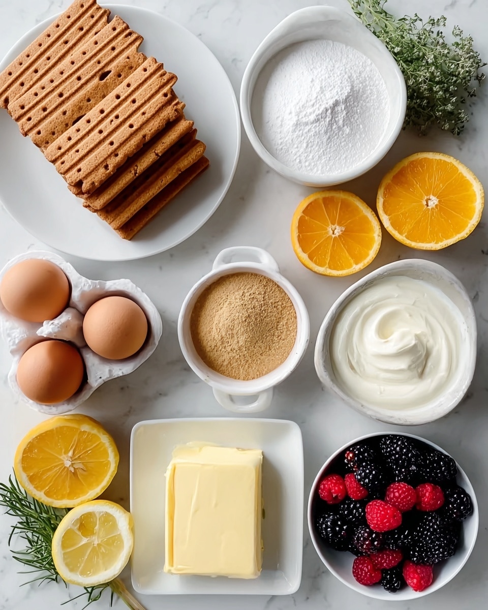 The image shows a flat lay of various baking ingredients arranged neatly on a white marbled surface. There is a white plate stacked with square golden brown crackers with small holes and ridged edges, a white bowl filled with powdered sugar, a small white dish containing brown cinnamon powder, and another small white dish holding a mixture of blackberries and raspberries. Three bright yellow lemon slices and two orange slices are placed on small white plates. A square white dish holds a block of smooth pale yellow butter with texture lines on top. Four brown eggs are held in a white egg tray. There is also a bowl of thick white cream and scattered sprigs of fresh green rosemary around the ingredients. The composition is bright and clean with soft lighting. photo taken with an iphone --ar 4:5 --v 7