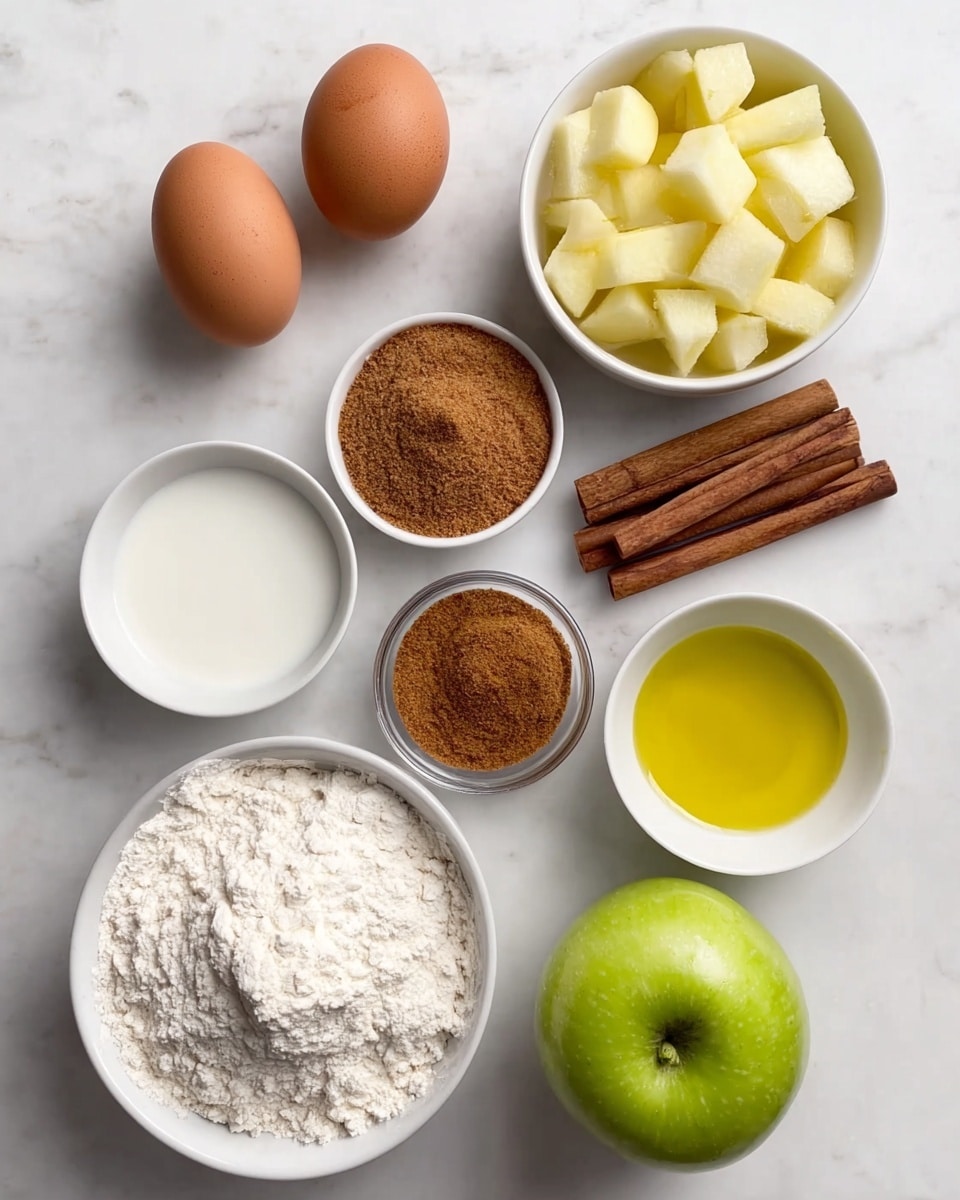 The image shows a clean arrangement of cooking ingredients on a white marbled surface. In the top left, there are three brown eggs grouped together. To the right of the eggs, a white bowl holds light yellow apple chunks. Below these, there are four small white bowls arranged in a loose cluster: one with golden yellow melted butter, one with white granulated sugar, one with light brown sugar, and one with cinnamon sticks. At the bottom left, a larger white bowl is filled with white flour. Next to it on the right is a fresh green apple with a shiny surface and a small brown stem. Near the center, a small white bowl contains a little bit of white liquid, possibly milk. The whole scene is well lit and clearly shows each item's color and texture. photo taken with an iphone --ar 4:5 --v 7