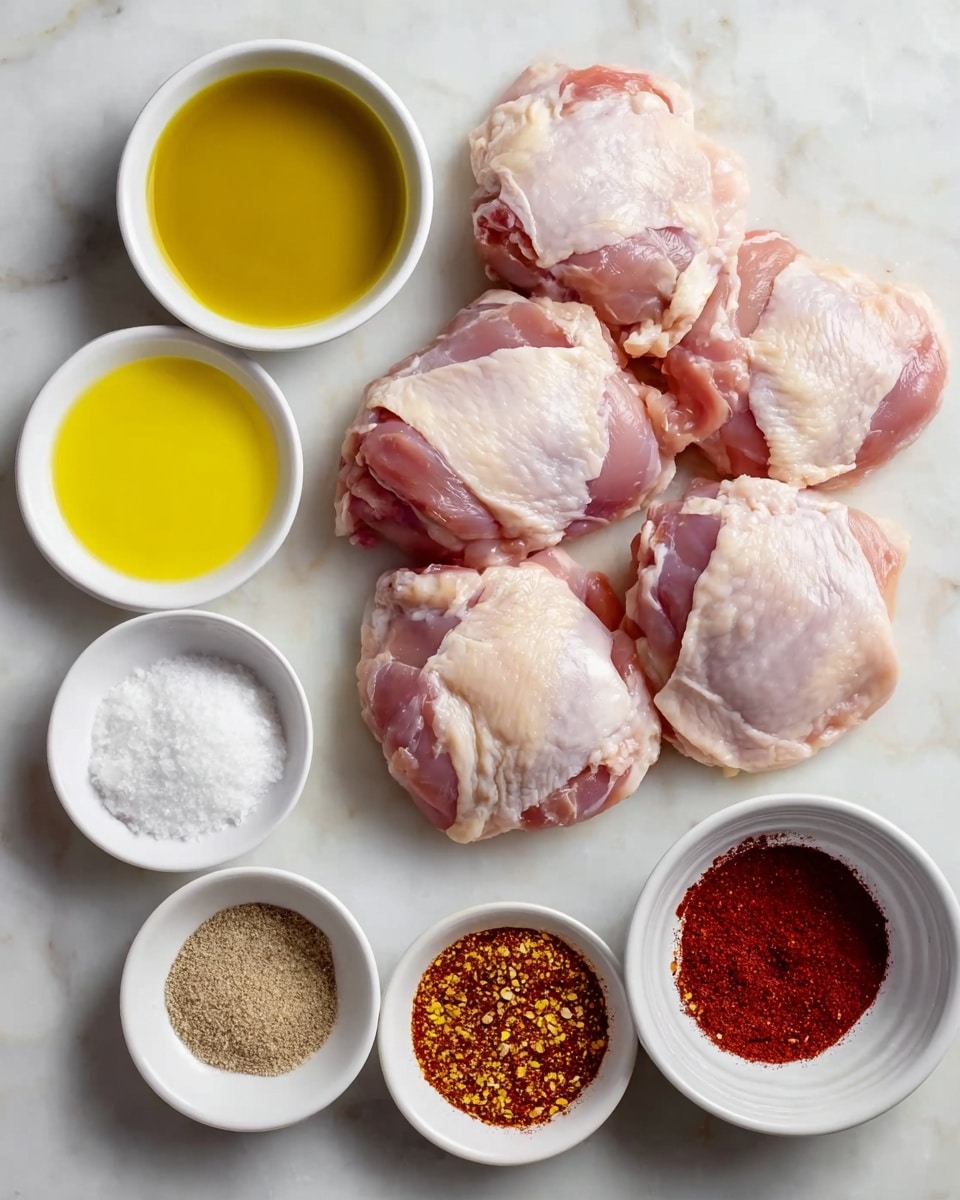 The image shows five raw chicken pieces placed in the center on a white marbled surface, each with a light pink color and some white fat visible. Around the chicken, there are seven small white bowls arranged in a loose circle. They contain different ingredients: a yellow oil with a smooth surface at the top center, a granulated white substance at the top right, a light brown powder at the right center, a dark red spice mix with small red flakes at the bottom right, a medium brown powder at the bottom center, a pale powder similar to garlic at the bottom left, and a light golden oil in a small glass jar at the upper left. The overall arrangement is neat and ingredients are evenly spaced. Photo taken with an iphone --ar 4:5 --v 7