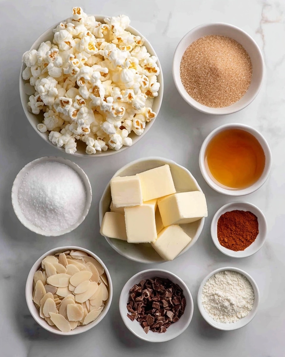 The image shows eight white bowls arranged on a white marbled surface, each containing different ingredients. At the top left is a bowl filled with white popcorn. To its right is a bowl with brown sugar crystals. Below the popcorn is a bowl with several light yellow butter cubes stacked neatly. Next to the butter, in the center, is a small bowl with amber-colored liquid, likely syrup or honey. To the right of that is a bowl filled with white powdered sugar. Below the butter is a bowl containing sliced almond pieces, cream-colored with brown edges. Below the powdered sugar is a small bowl with brown cinnamon powder. To the right of it is a bowl with dark brown crushed bits, possibly cocoa or coffee grounds. Finally, at the bottom right, a small bowl holds a mix of white granulated salt and brown spices. The bowls vary in size and are placed in a casual arrangement. Photo taken with an iphone --ar 4:5 --v 7