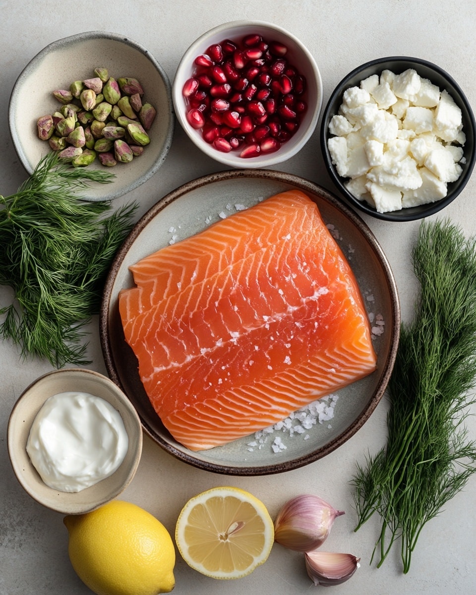 A long white fish fillet lies on crinkled white parchment paper on a baking tray, thickly covered with a creamy white sauce. On top of the sauce is a colorful layer of red pomegranate seeds, chopped green pistachios, and fresh green dill sprigs scattered evenly. To the left of the fish, two halves of a bright red pomegranate with juicy seeds are placed side by side. Some pomegranate seeds and pistachios are scattered around the edges. The tray is set on a surface with a white marbled texture. photo taken with an iphone --ar 4:5 --v 7
