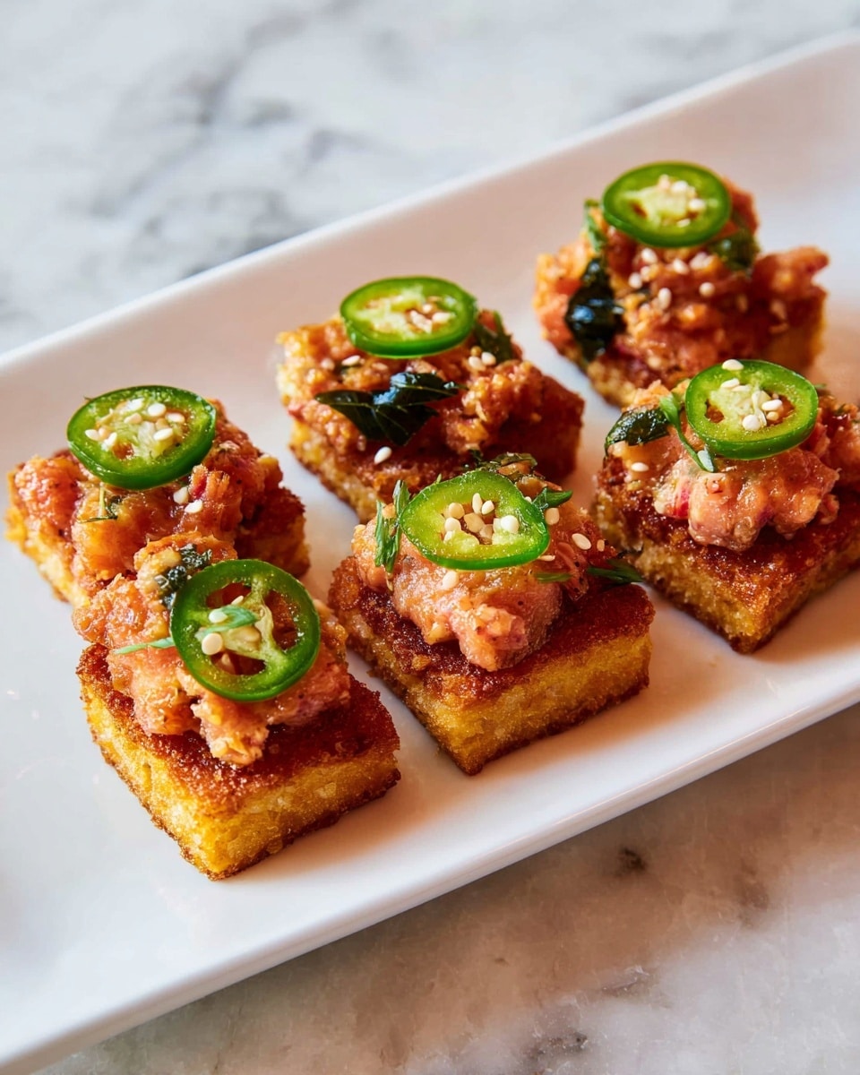 The image shows six small rectangular pieces of toasted bread arranged neatly on a white rectangular plate. Each piece of toast has a light golden-brown crunchy base, topped with a bright green cucumber slice, followed by a chunky reddish-orange creamy mixture with visible small green herbs. On top of each, there is a thin round slice of green jalapeño pepper, sprinkled lightly with white sesame seeds. The plate sits on a smooth white marbled surface. photo taken with an iphone --ar 4:5 --v 7