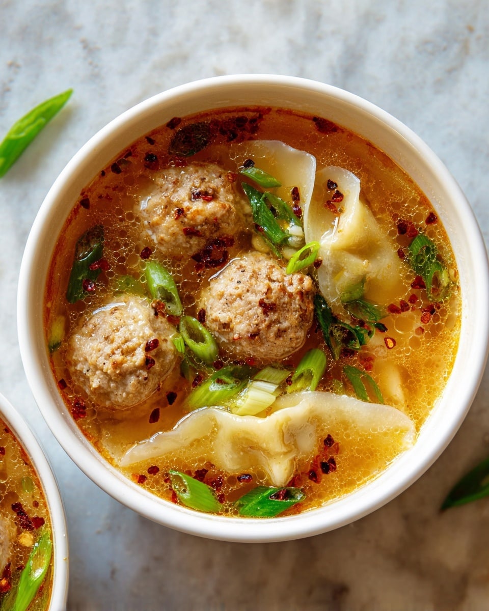 A white bowl filled with a spicy reddish-brown broth containing four light brown meatballs with a slightly rough texture floating near the top. There are green sliced scallions scattered over the soup, along with pieces of soft, light cream-colored wontons with a smooth texture. A hand is holding a white ceramic spoon with a colorful floral pattern, scooping up one meatball, all set on a white marbled surface. Photo taken with an iphone --ar 4:5 --v 7
