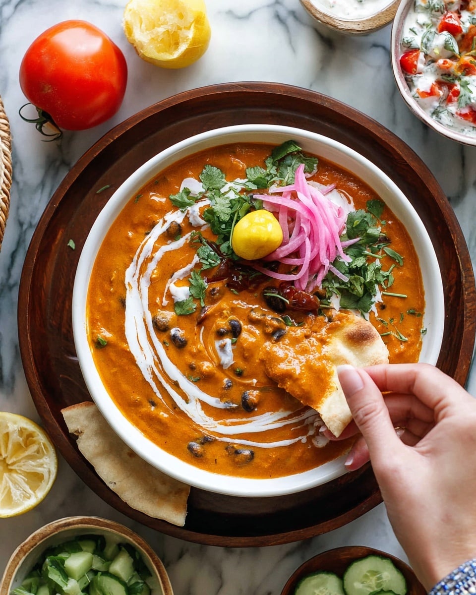 A white bowl filled with thick orange curry, swirled with white cream on top, showing a rich and smooth texture with small bean pieces. On the left inside edge of the bowl, broken pieces of flatbread with a light brown toasted pattern rest partially dipped in curry, next to a bright yellow lemon wedge. Garnishing the curry are fresh green cilantro leaves, thin slices of purple onion, and a dark brown dried chili pepper. A golden spoon is placed in the curry on the right side. The bowl sits on a round wooden tray, with a fresh red tomato and a small bowl of chopped green cucumber nearby, all arranged on a white marbled surface. Photo taken with an iphone --ar 4:5 --v 7