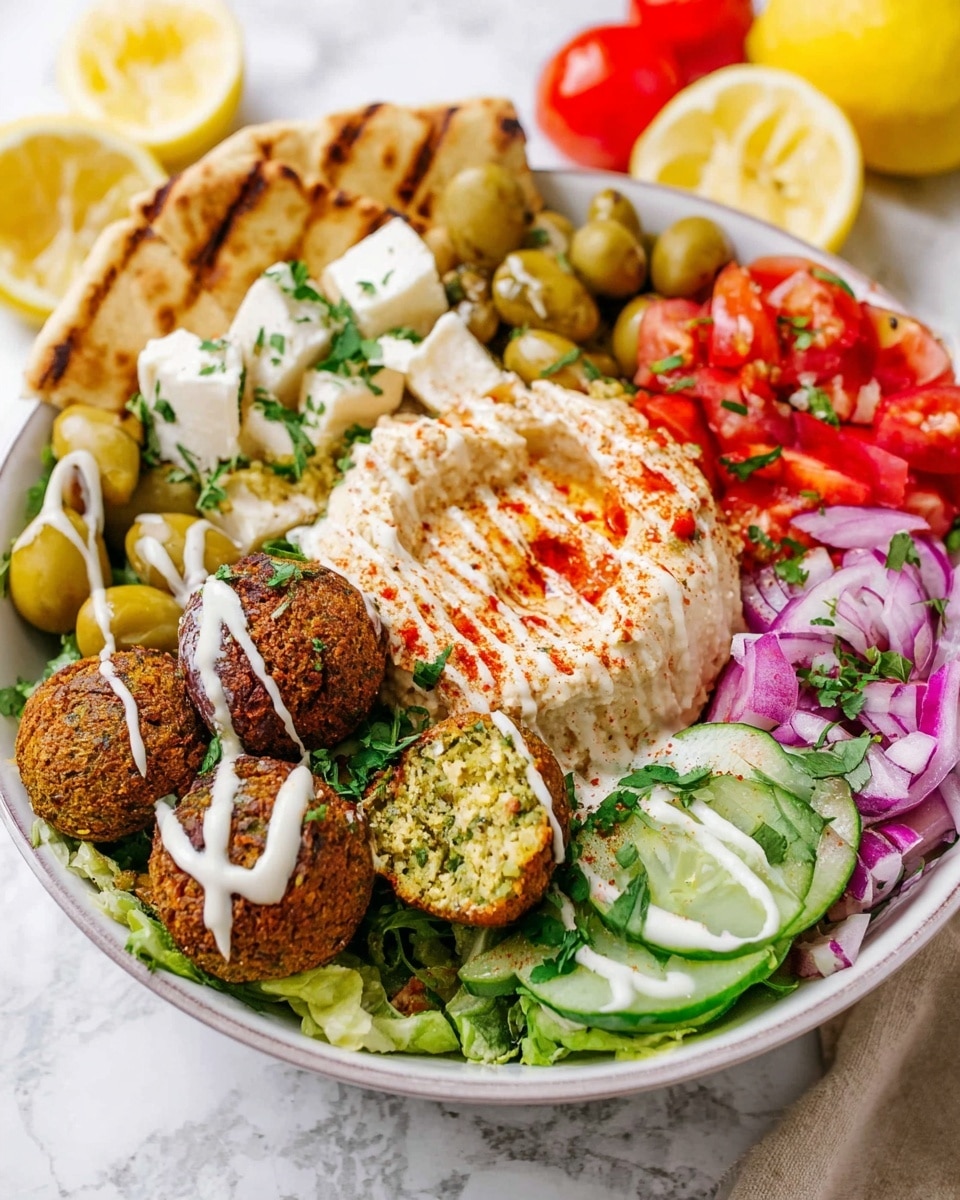 A white bowl filled with layers of fresh, colorful food sits on a white marbled surface. The first layer contains four golden-brown falafel balls, drizzled with white sauce, on the left side. Next to them are light brown slices of pita bread, also topped with white sauce. In the center, there is a scoop of beige hummus sprinkled with red spice and drizzled with white sauce. Above the hummus, there are white chunks of cheese and green olives, both covered in white sauce. Fresh green lettuce is placed on the right side near two lemon wedges, which are drizzled with white sauce. At the bottom, there are bright red tomato chunks mixed with green herbs and chopped cucumbers. Thin slices of bright purple pickled onions sit on top near the falafels. A silver fork rests on the right side of the bowl, and a piece of pita bread is partly visible on the white marbled surface. Photo taken with an iphone --ar 4:5 --v 7