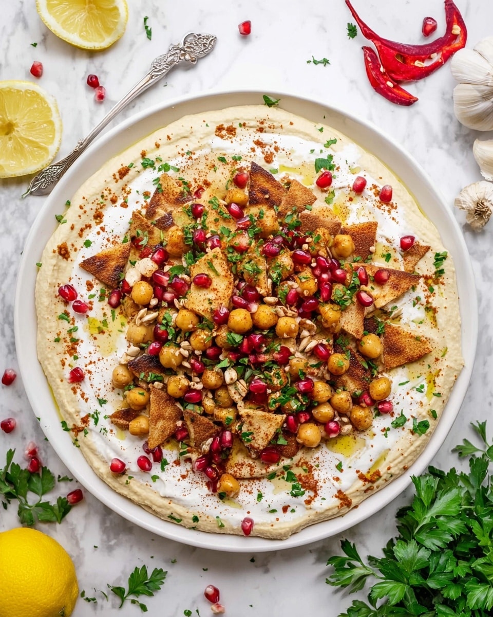 A round white plate is filled with a creamy beige hummus spread evenly in a thick layer as the base. On top, there is a layer of crispy golden-brown fried pita chips mixed with whole light brown chickpeas. Next, a generous layer of white yogurt sauce covers the center, sprinkled with bright red pomegranate seeds, chopped green parsley, and small pine nuts. The dish is lightly drizzled with golden olive oil and dusted with a light brown spice, all set on a white marbled surface with lemon slices and fresh parsley around it. Photo taken with an iphone --ar 4:5 --v 7