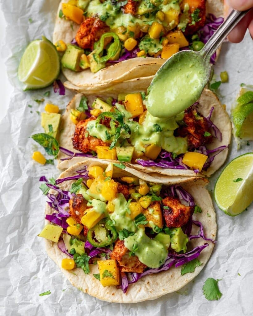 Chipotle Lime Salmon Tacos with Corn Avocado Peach Salsa & Cilantro Yogurt Sauce Recipe
