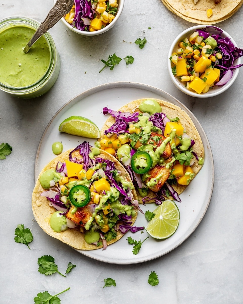 The image shows three soft tortillas laid on a white marbled surface covered with white parchment paper. Each tortilla has a layer of purple cabbage shreds at the bottom, followed by chunks of orange grilled chicken and diced yellow mango scattered across. On top, there are pieces of sweet corn, chopped green cilantro, thin slices of green jalapeno, and avocado chunks, all covered with a creamy green sauce being poured from a silver spoon held by a woman's hand. In the foreground, two lime wedges sit beside the closest tortilla, adding a fresh touch. The whole scene looks colorful, fresh, and vibrant. photo taken with an iphone --ar 4:5 --v 7