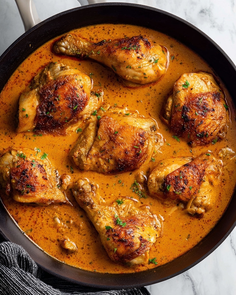The image shows a close-up of several pieces of golden brown cooked chicken thighs and drumsticks, seasoned with black pepper and small herbs, sitting in a thick, rich orange sauce. The sauce surrounds the chicken parts, creating a smooth and glossy surface with visible oil reflections. Small green parsley leaves are sprinkled on top, adding a touch of fresh color. The chicken skin looks crispy and slightly charred in some areas, contrasting with the soft texture of the sauce. photo taken with an iphone --ar 4:5 --v 7