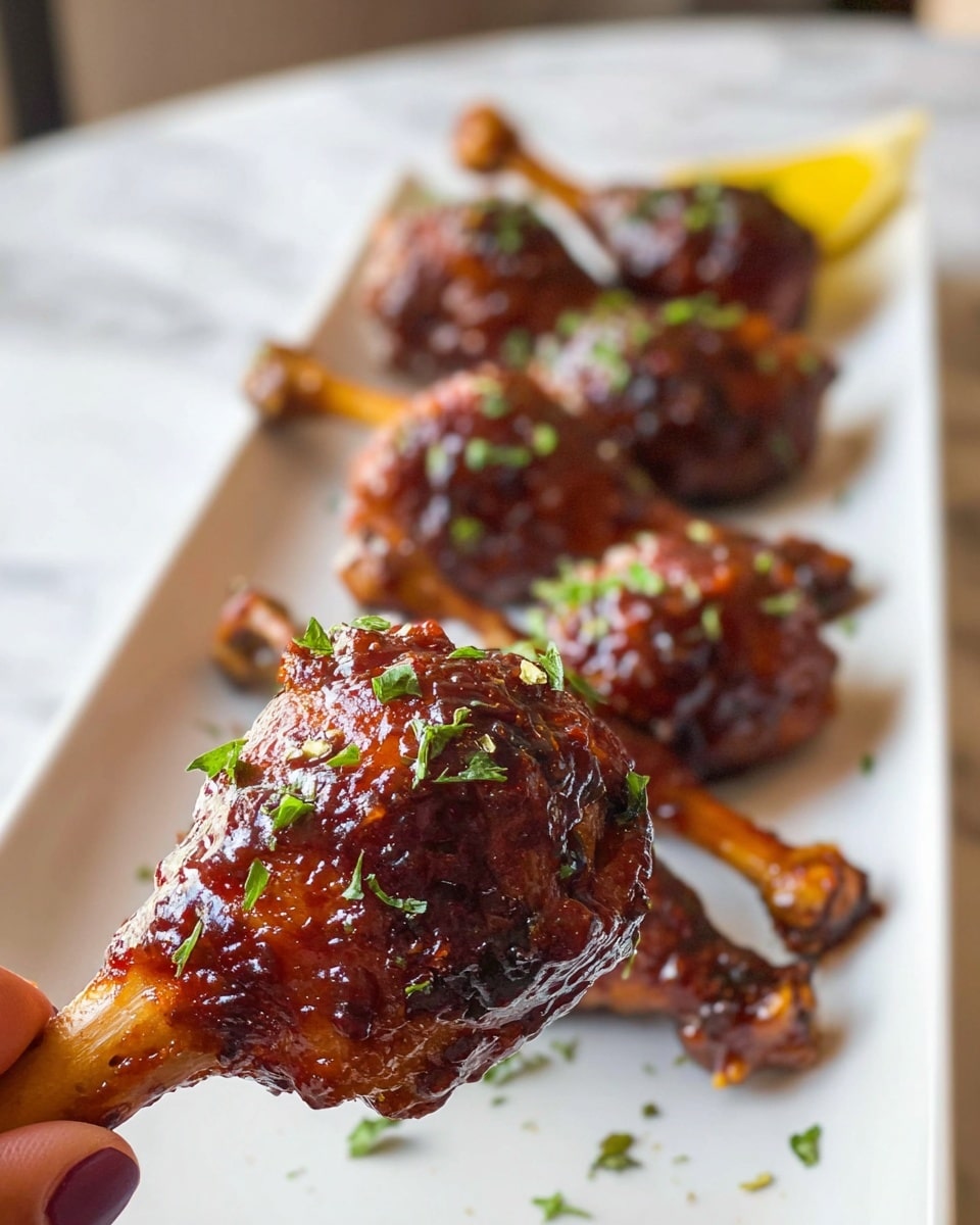 The image shows a white rectangular plate with eight dark brown glazed drumsticks standing upright, each with the bone sticking up. The drumsticks are shiny and coated in a rich sauce with small green herb pieces sprinkled on top. A half lemon with a bright yellow color is placed at the left side of the plate, and on the right side, there is a small white bowl filled with the same dark sauce. The plate is set on a white marbled surface, and a soft white cloth is partially visible in the background. The photo taken with an iphone --ar 4:5 --v 7