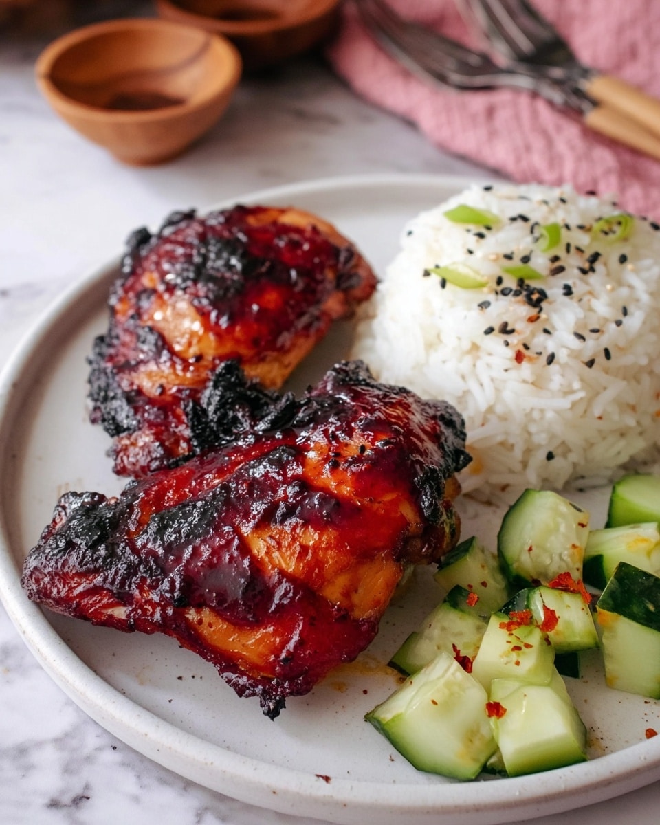 A white plate holds two pieces of grilled chicken with a shiny, dark reddish-brown glaze that is slightly charred on the edges. Next to the chicken, there is a small mound of white rice topped with a few black sesame seeds. In front, there are chopped pieces of cucumber with hints of red seasoning scattered on them. The plate is placed on a white marbled surface. photo taken with an iphone --ar 4:5 --v 7