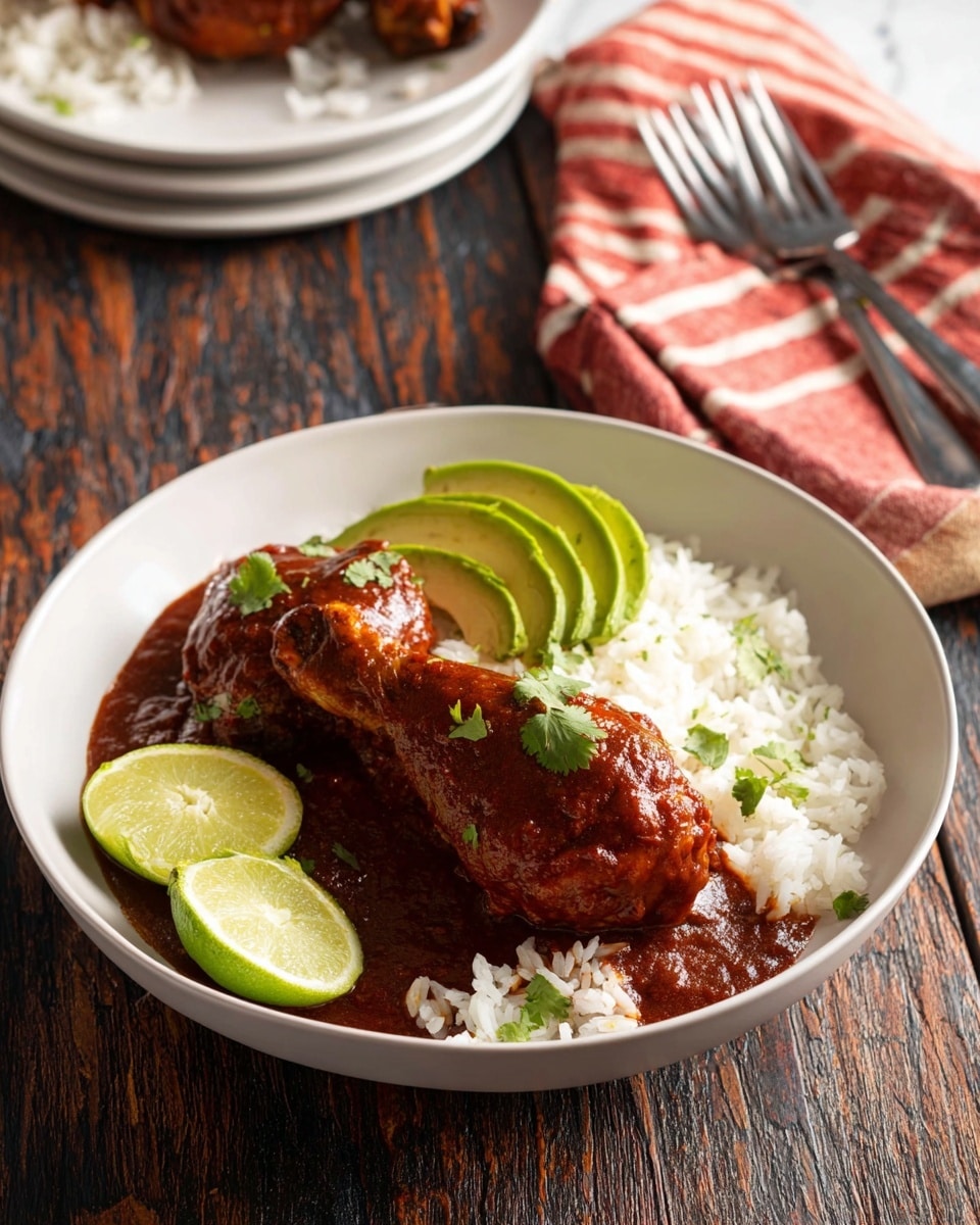 A white bowl filled with six pieces of chicken covered in a thick, dark reddish-brown sauce, garnished with small green cilantro leaves scattered on top. The chicken pieces are fully coated and slightly shiny from the sauce, which pools around them in the bowl. The bowl sits on a blue wooden board with a rope handle, placed on a white marbled surface with a red and white striped cloth partially visible near the bottom. photo taken with an iphone --ar 4:5 --v 7