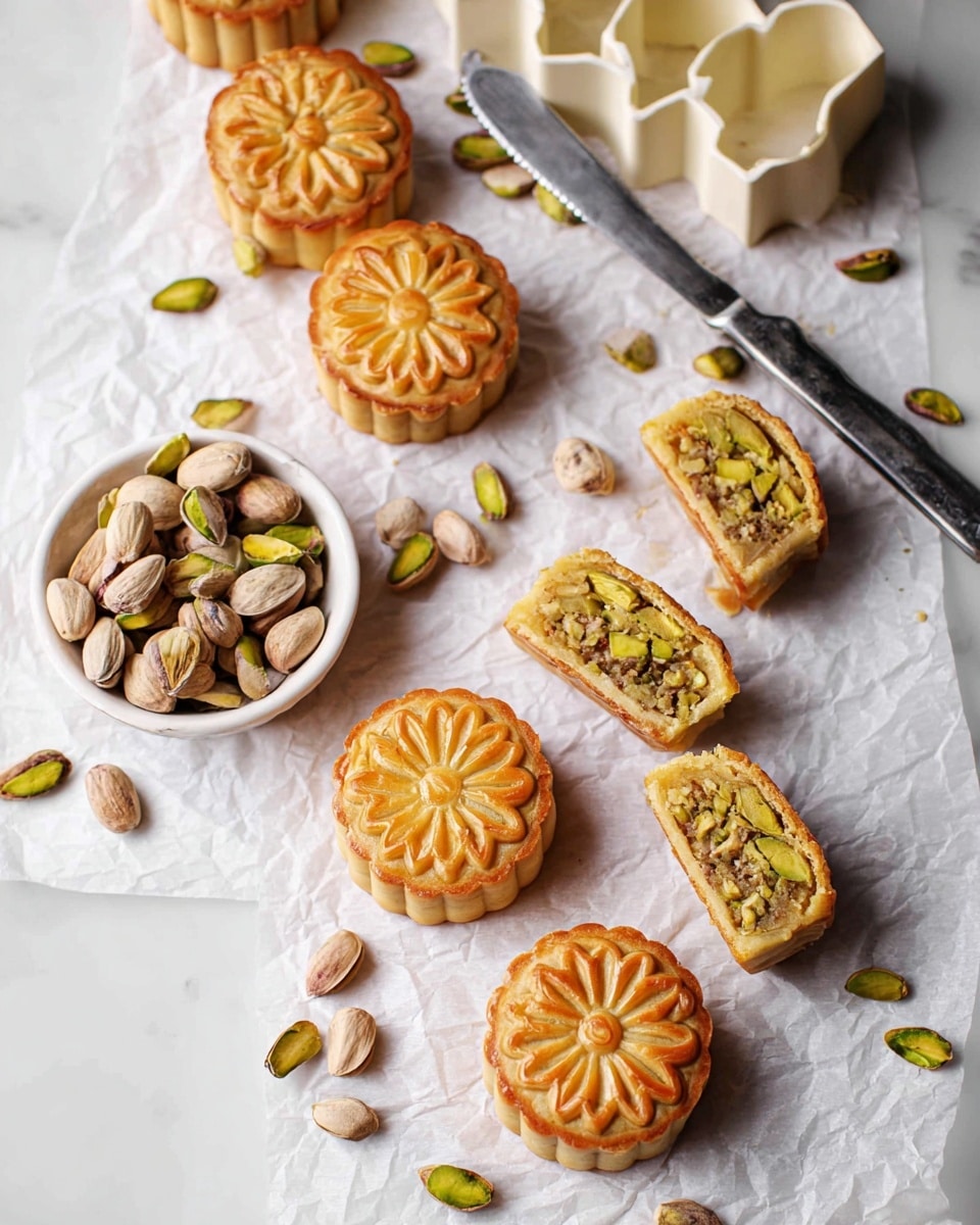 Several round golden brown mooncakes are arranged on crumpled white parchment paper over a white marbled surface. Each mooncake has a detailed petal pattern on top. Two mooncakes are cut open, showing a dense yellow-green filling packed with pistachios. A small white bowl filled with whole pistachio nuts sits nearby, with some nuts scattered around it. A silver knife lies diagonally near the top right, next to a piece of the mooncake mold in off-white color. Photo taken with an iphone --ar 4:5 --v 7