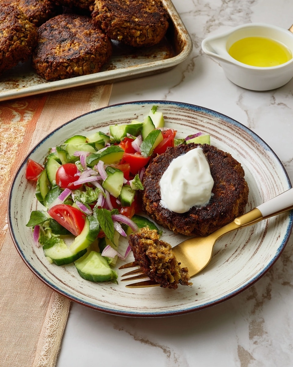 There are four round patties with a golden and dark brown crispy surface showing bits of onions and lentils in them, placed on light brown parchment paper over a brown baking tray. At the top left corner, there is a white bowl filled with a creamy white sauce speckled with green herbs. The whole scene sits on a white marbled surface. Photo taken with an iphone --ar 4:5 --v 7