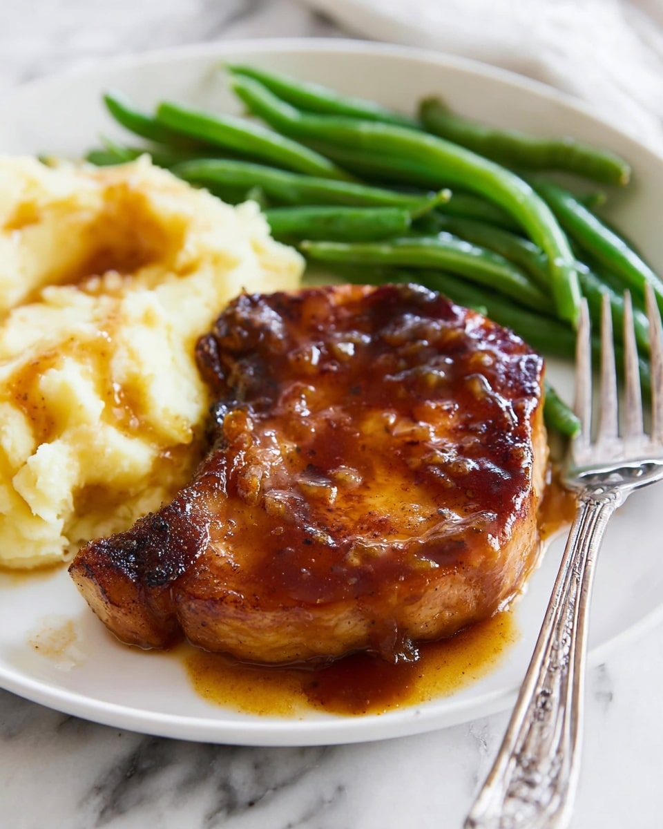 Two cooked pork chops are shown close up with a shiny, golden brown, slightly crispy surface. Each chop has a visible layer of glaze or sauce coating, giving a wet look. On top of the chops, there are sprigs of green rosemary, a white garlic clove on one chop, and a peeled purple garlic clove on the other. The background is a dark pan holding some sauce and browned bits. The scene is detailed, focusing on the texture and color contrast between the meat, herbs, and sauce. photo taken with an iphone --ar 4:5 --v 7