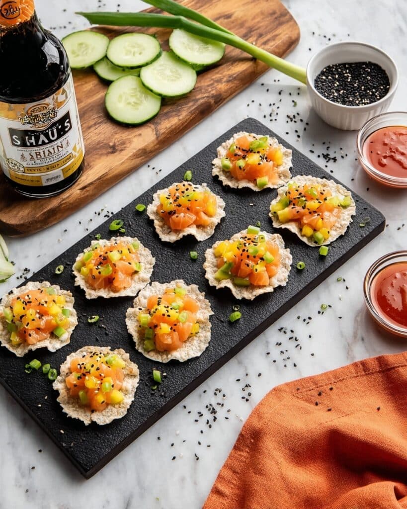 Spicy Citrus Tamari Salmon on Rice Paper Chips Recipe