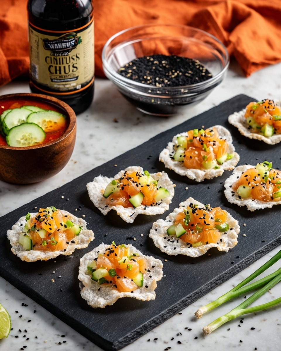 Spicy Citrus Tamari Salmon on Rice Paper Chips Recipe - Recipe Image