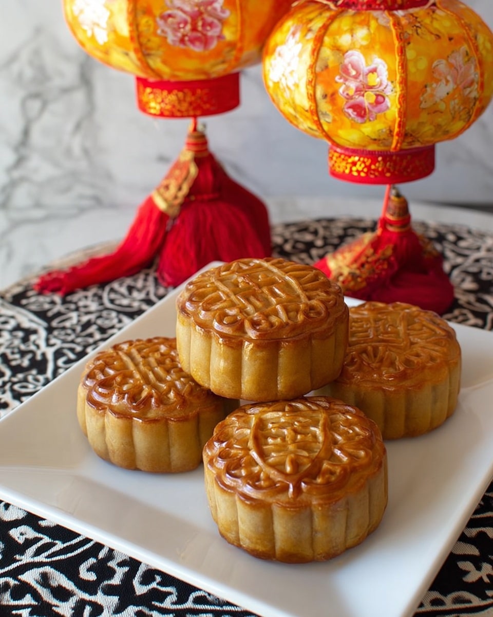 Four round mooncakes with golden brown crusts sit neatly on a white square plate. Each mooncake has detailed floral and geometric patterns embossed on the top surface, giving texture and depth. The top layer is smooth with slightly darker baked edges, showing a shiny and firm finish. The plate rests on a white marbled surface with part of a colorful yellow and pink cloth visible on the left side. Photo taken with an iphone --ar 4:5 --v 7