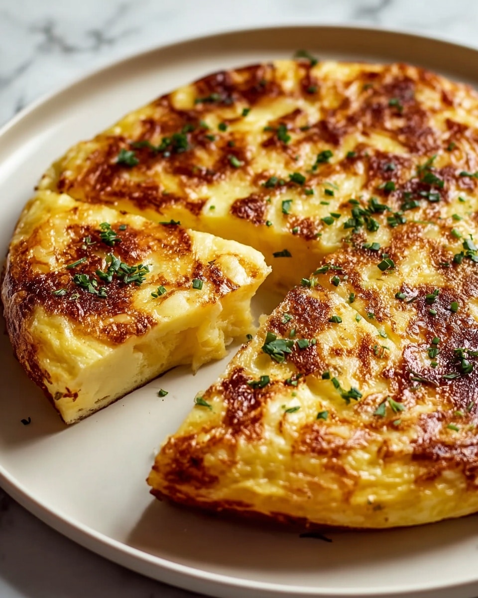 The image shows a round dish with a thick, golden brown top layer made of melted cheese that has some crispy, darker spots. The cheese layer covers a creamy, light yellow inside. There are small green herb pieces sprinkled on top, adding color contrast. One slice is partly cut and pulled out, revealing the soft and moist inside that looks layered but mostly smooth. The dish is served on a white plate placed on a white marbled surface. The photo taken with an iphone --ar 4:5 --v 7