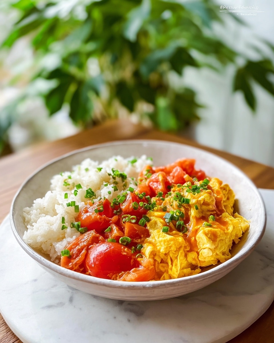A white bowl holds a serving of white cooked rice filling about half of the bowl on the right side. On the left side, there are several pieces of soft scrambled eggs mixed with large chunks of bright red cooked tomatoes. The eggs and tomatoes are topped with small, thin slices of green onions scattered across for garnish. The bowl rests on a light beige cloth on a wooden table with green plant leaves visible in the upper left corner and a shiny golden spoon partially wrapped in the cloth in the background. The overall scene is bright and fresh. photo taken with an iphone --ar 4:5 --v 7