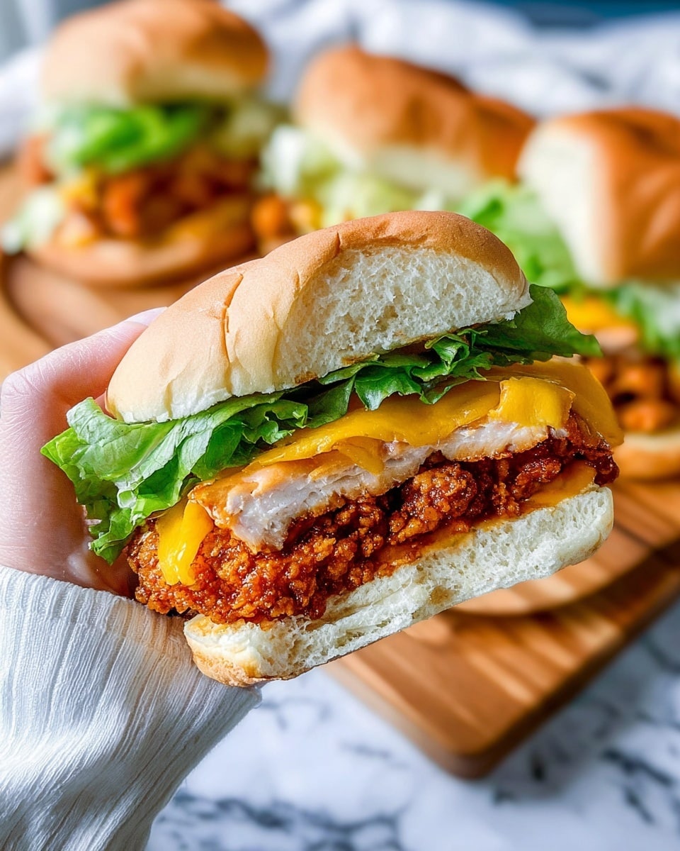 Three fried chicken sandwiches are placed on a wooden round tray lined with brown paper. Each sandwich has a shiny, golden brown sesame seed bun on top, a crispy fried chicken piece in the middle, and a fresh bright green lettuce layer below the chicken, sitting on a soft bottom bun that looks slightly toasted. The background shows blurred green leaves, and the whole scene is set on a white marbled surface. photo taken with an iphone --ar 4:5 --v 7
