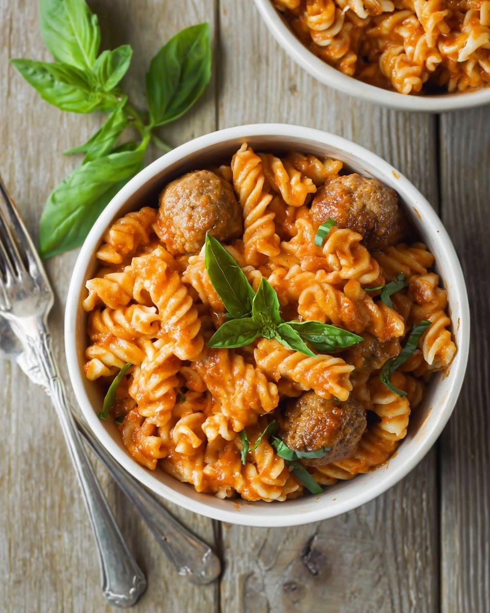 A white baking dish with blue splatter design holds a baked pasta and meatball dish. The bottom layer is a mix of rotini pasta and small round meatballs covered in melted white cheese that has lightly browned in spots. The pasta is orange-red in color from the tomato sauce mixed throughout. Fresh green basil leaves and small herb sprigs are scattered on top, adding a touch of green. A wooden spoon rests inside the dish, slightly scooping some pasta. The dish sits on a white marbled surface with fresh basil leaves and a white cloth with beige stripes nearby. Photo taken with an iphone --ar 4:5 --v 7