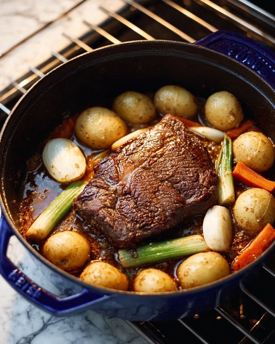 The image shows a dark blue pot filled with a cooked meat stew on a white marbled surface. Inside the pot, there are two large, dark brown cooked meat pieces in the middle, covered with small green herb sprinkles. Surrounding the meat are chunky vegetable pieces including bright orange carrots, small light brown round potatoes, and pale yellow and green vegetables, all sitting in a rich brown sauce. The pot has two handles on opposite sides, and a white cloth is partly visible on the left side. Photo taken with an iphone --ar 4:5 --v 7