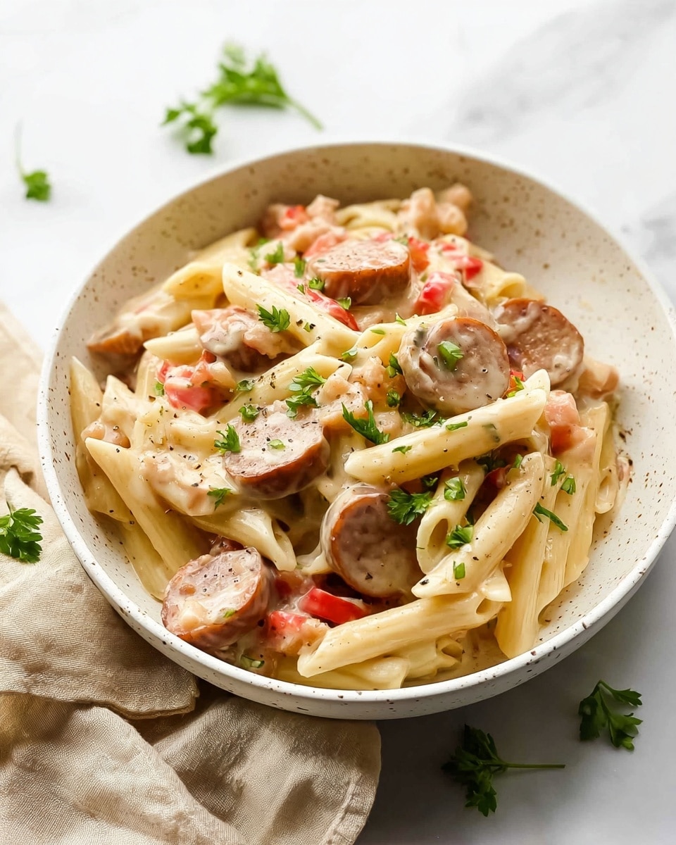 A white speckled bowl filled with creamy penne pasta mixed with round brown sausage slices and small bright orange bell pepper pieces, all coated in a smooth white sauce. The dish is sprinkled with chopped green parsley on top. A gold fork rests inside the bowl on the right side. The bowl is placed on a white marbled surface with scattered green parsley leaves around and a small white bowl filled with chopped parsley in the top right corner. A light beige striped cloth is partially visible behind the bowl. photo taken with an iphone --ar 4:5 --v 7