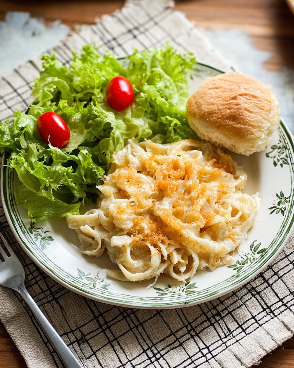 The dish is a baked casserole in a white oval dish, showing about two thick layers: a creamy white base layer with visible pasta shapes underneath, topped with a golden brown melted cheese layer speckled with orange seasoning and slightly browned spots. The surface texture is bubbly and uneven from the melted cheese. The dish sits on a white patterned cloth over a dark wooden table next to a white bowl of green leafy lettuce with small red cherry tomatoes, a wooden spoon, and some round bread rolls wrapped in a white cloth. Photo taken with an iphone --ar 4:5 --v 7
