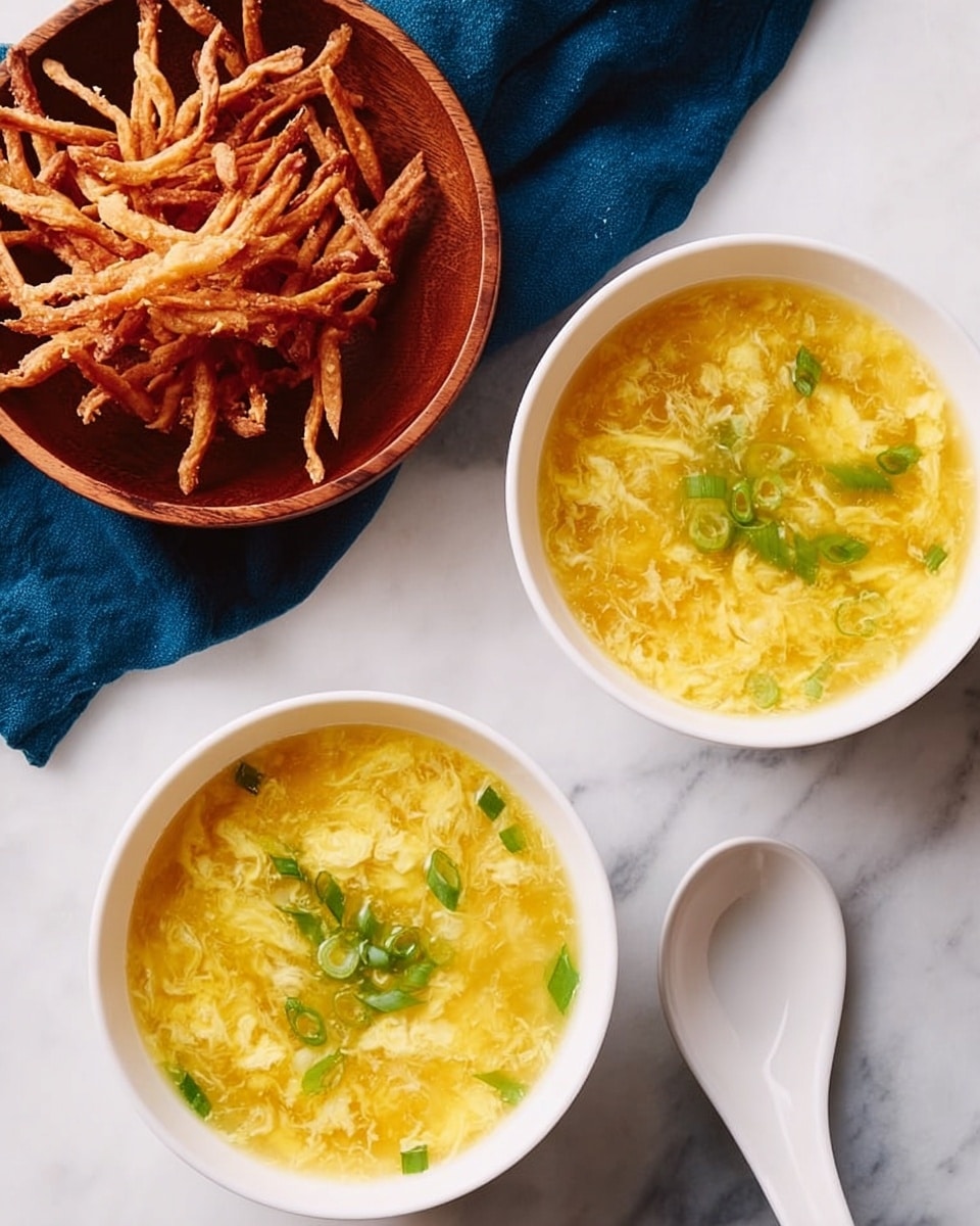 The image shows a bowl filled with yellow egg drop soup that has visible egg strands and green onion pieces floating on top. The bowl is white with red patterns and a colorful rim with a Greek key design. A white spoon is lifting some soup from the bowl, showing the thick texture and green garnish. In the background, there is another bowl of the same soup and a pile of crispy fried strips in a white bowl placed on a white marbled surface. Photo taken with an iphone --ar 4:5 --v 7