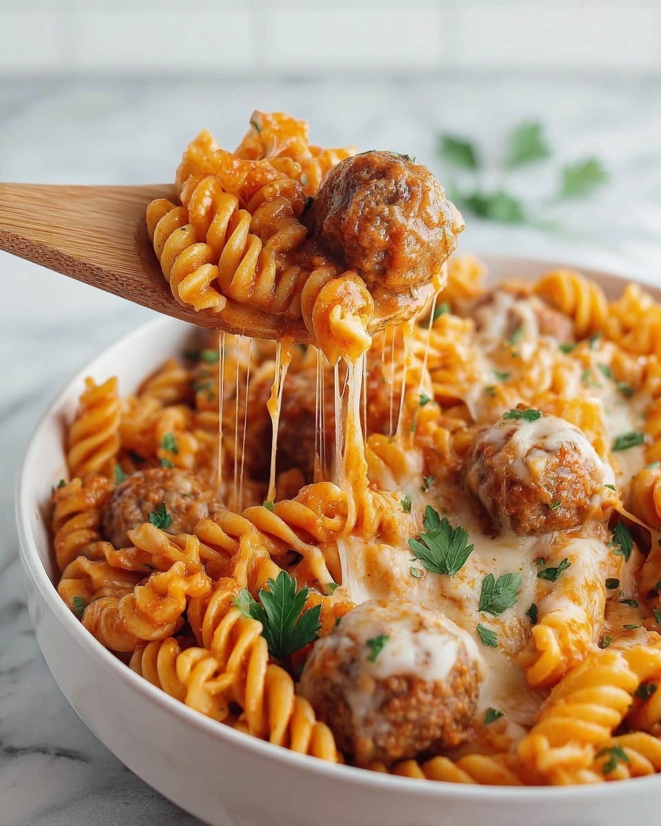 A white bowl filled with spiral pasta coated in light orange sauce, mixed with six browned meatballs scattered around the top. Melted cheese lightly covers the pasta and meatballs, with small green herb pieces sprinkled evenly over everything. The bowl sits on a white marbled surface with some green leafy herbs placed blurred in the background to the right, and a copper fork rests on the right side of the bowl. photo taken with an iphone --ar 4:5 --v 7