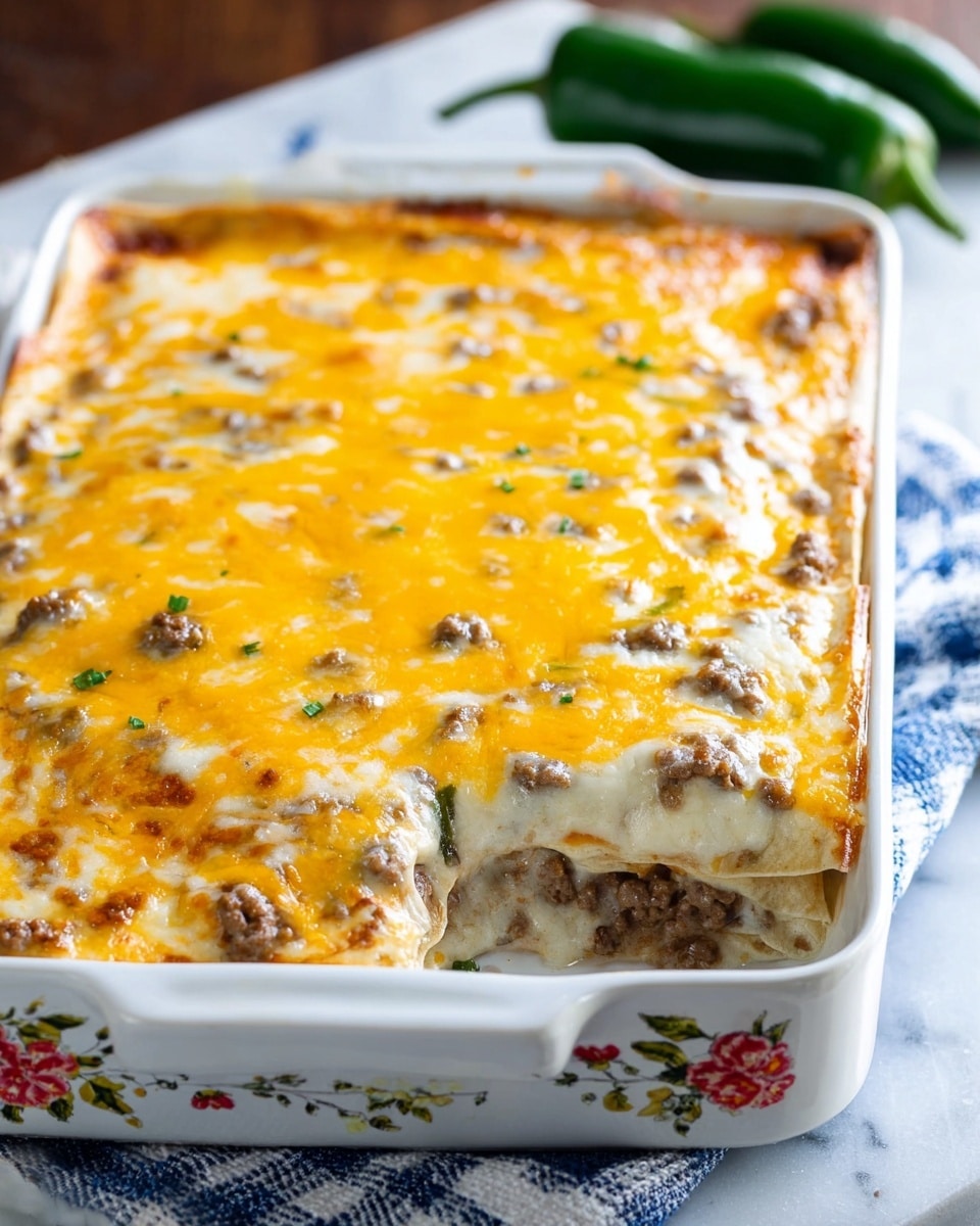 A large slice of lasagna sits on a white plate with a silver fork beside it; the lasagna has three visible layers starting with a light cream sauce at the bottom mixed with bits of green peppers, followed by a layer of browned ground meat, and topped with a thick, melted golden-yellow cheese that has some browned spots. The edges of the lasagna look soft and saucy. The plate is on a blue and white cloth with a white marbled texture surface beneath. Photo taken with an iphone --ar 4:5 --v 7
