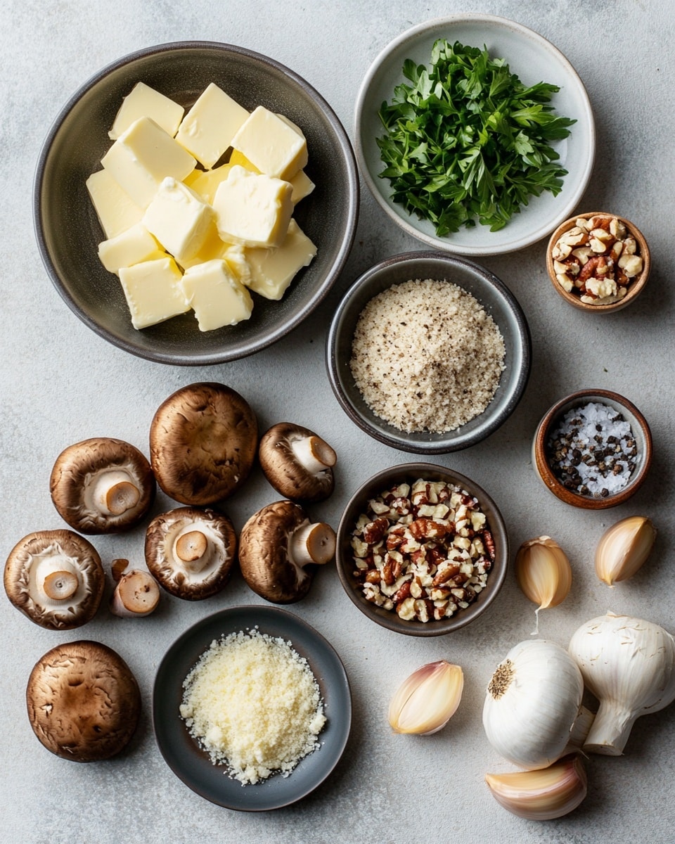 The image shows a close-up of several stuffed mushrooms arranged closely on a baking tray with a white marbled texture background. Each mushroom has a dark brown, textured cap base filled generously with a creamy, pale beige stuffing mixed with finely chopped green herbs and small chunks of nuts, adding texture and color contrast. The stuffing slightly overflows the mushroom caps, forming low, uneven mounds. The mushrooms have a glossy surface where a bit of oil or juice has gathered around their base, adding a slight shine. Small bits of chopped fresh green herbs are sprinkled lightly over the filling for a fresh touch. The overall look is rustic and homemade, with soft filling and firm mushroom caps in a neat, slightly scattered pattern photo taken with an iphone --ar 4:5 --v 7