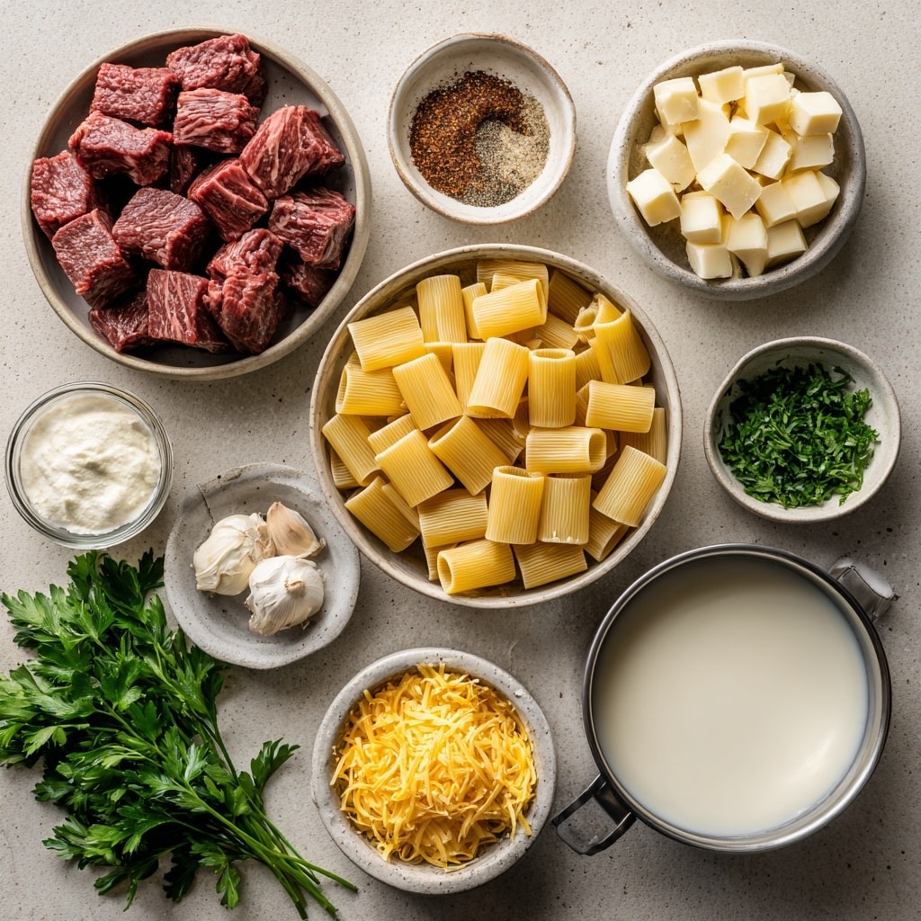 The dish shows a white bowl filled with thick, hollow pasta tubes that are pale yellow and lightly coated with grated cheese and small green herb pieces. On top, there are several browned, juicy chunks of meat with a slightly crispy texture, also sprinkled with green herbs. The bowl sits on a white marbled surface. Photo taken with an iphone --ar 4:5 --v 7