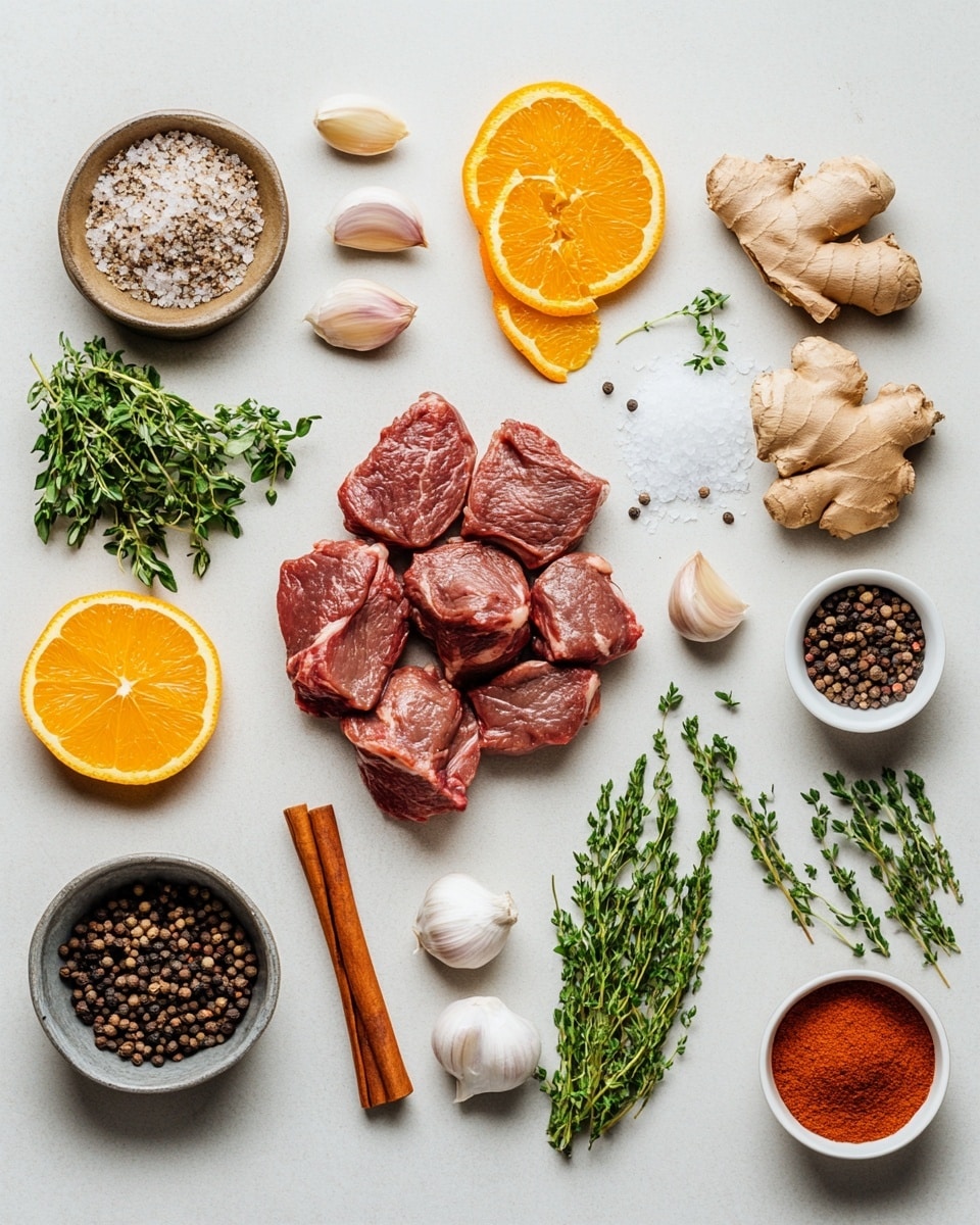 The image shows a white bowl filled with dark brown chunks of stewed meat, layered densely in the bowl. On top of the meat, there is a bright orange whole pepper, two light brown cinnamon sticks placed in a cross shape, and a small sprig of fresh green thyme. A dark wooden spoon is resting on the right side inside the bowl. The bowl is placed on a natural brown textured fabric over a white marbled surface. Photo taken with an iphone --ar 4:5 --v 7