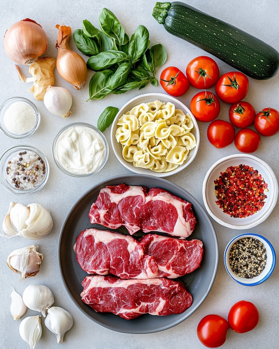 The image shows two servings of a colorful pasta dish with meat and vegetables. The front plate has a black and white checkered pattern filled with three layers: the bottom layer is cooked tortellini pasta in a light yellow color, the middle layer includes browned onions and green zucchini slices, and the top layer consists of dark brown grilled meat chunks with bright red grape tomatoes scattered around. The dish is lightly sprinkled with grated cheese, adding a white textured layer on top. Behind it, a white rectangular plate holds a similar mix of cubed grilled meat, tortellini, roasted cherry tomatoes, and grilled vegetables against a white marbled surface. Photo taken with an iphone --ar 4:5 --v 7