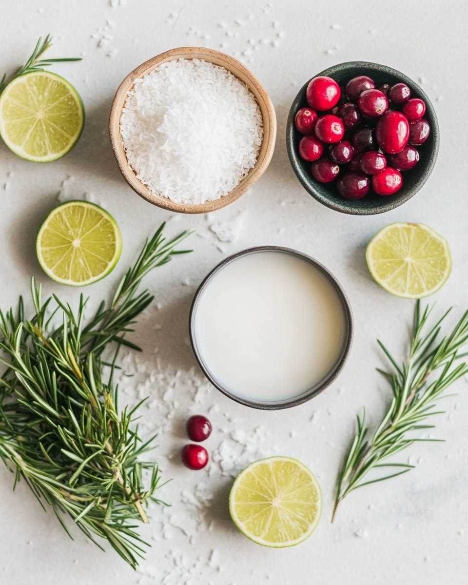 A clear glass filled with a creamy white drink and ice cubes, showing a soft texture inside. On top, there are bright red cranberries floating along with a thin green lime slice placed near the edge. A small green rosemary sprig stands upright next to the lime, adding a fresh look. The rim of the glass is coated with a frosty white layer that looks like sugar or salt. The glass is placed on a white marbled surface, with blurred images of other similar glasses in the background. Photo taken with an iphone --ar 4:5 --v 7