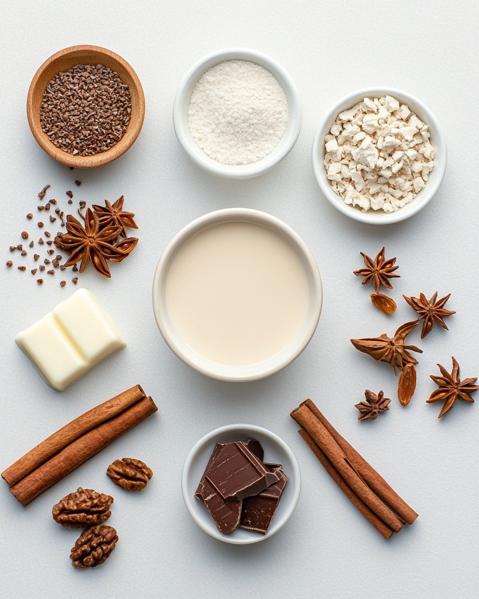 Two white ceramic mugs with a light brown rim filled with creamy beige drink, each topped with a single star anise floating on the surface. The mug in the front sits on a small wooden coaster, placed on a white marbled surface, while the other mug is blurred in the back. To the right, there is a cinnamon stick on the surface, and further back, a white plate with scattered star anise and a small wooden spoon. Soft warm yellow lights glow in the blurred background, giving a cozy atmosphere. Photo taken with an iphone --ar 4:5 --v 7