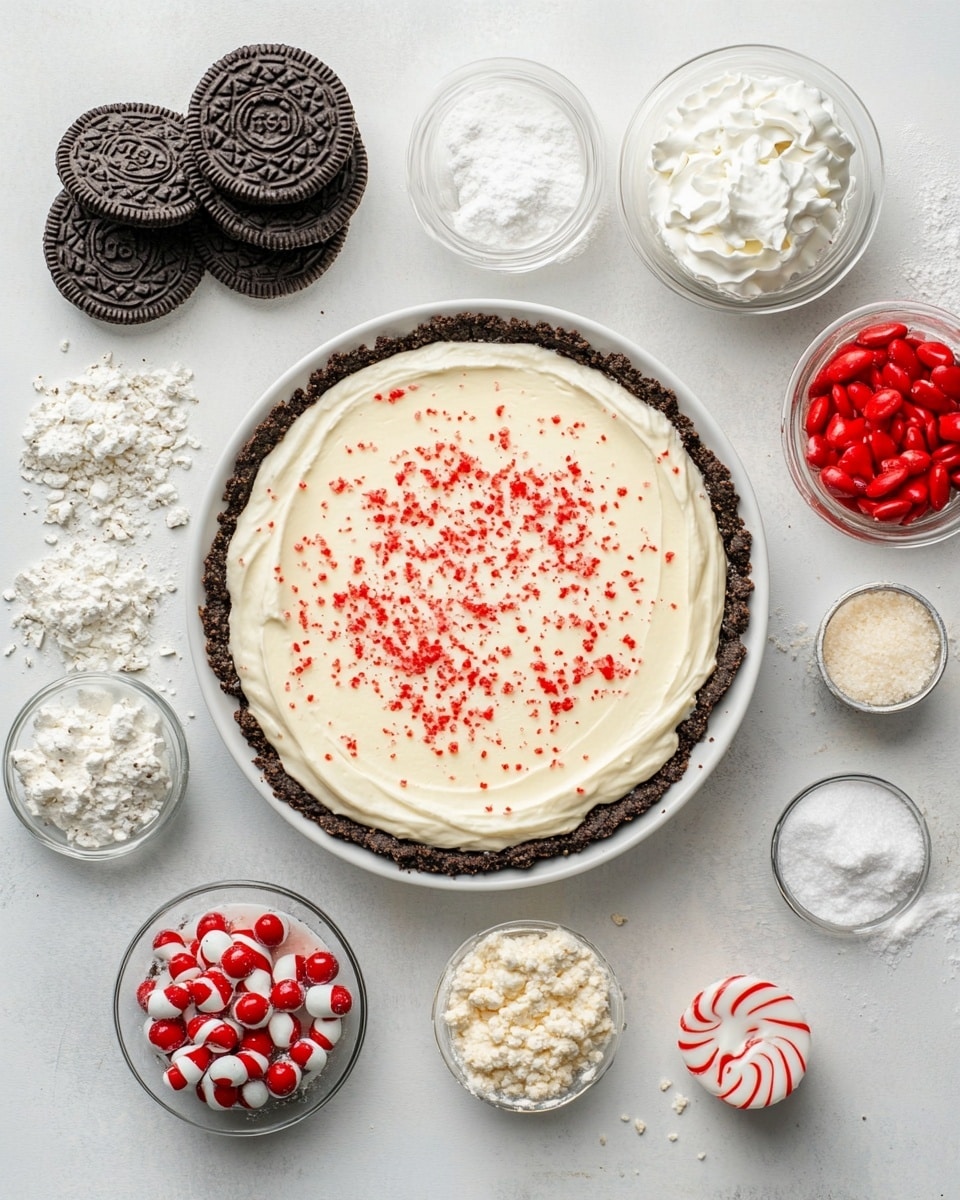 A pie is shown in a red pie dish on a white marbled surface. The bottom layer is a dark crumb crust, almost black in color, forming a thick base. On top of that is a smooth light pink cream layer, spread evenly with a slight swirl pattern. Around the edge of the pink layer is a ring of white whipped cream in small dollops. The pie is sprinkled with small red and white crushed pieces that look like peppermint candies. The background includes soft Christmas lights and blurred decorations. Photo taken with an iphone --ar 4:5 --v 7