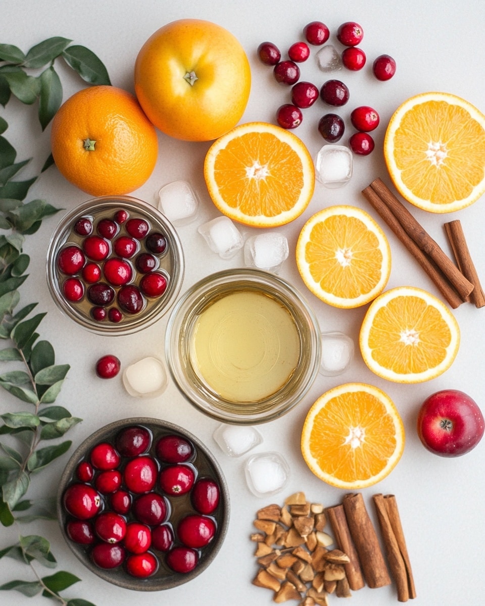A clear glass pitcher filled with a light amber liquid has two visible layers of fruit: the bottom layer includes thin round slices of red apple with white flesh, and the top layer is a cluster of whole bright red cranberries floating near the surface. A woman's hand is gently stirring the drink with a light-colored wooden spoon inside the pitcher. The scene is set on a white marbled surface with a white tiled background, giving a fresh, clean look. photo taken with an iphone --ar 4:5 --v 7