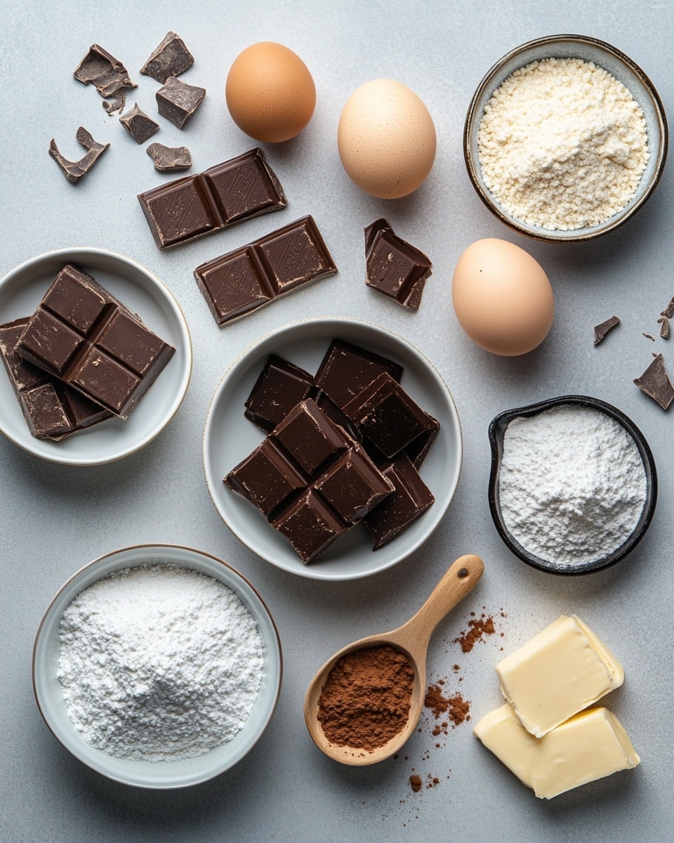 A small round chocolate cake sits in the middle of a white plate with colorful butterfly designs, dusted generously with white powdered sugar. The cake is broken open, showing a thick, shiny, dark chocolate filling that looks soft and rich inside. On the plate next to the cake are three bright red raspberries with powdered sugar on top. A gold spoon holds a scoop of the melted chocolate filling and crumbly cake above the dessert. The scene is set on a white marbled surface with scattered raspberries and pieces of dark chocolate in the background. Photo taken with an iphone --ar 4:5 --v 7